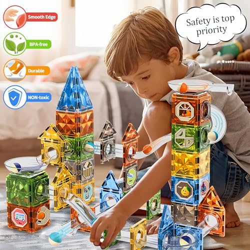 Glowing Magnetic Marble Run Set 142PCS, STEM Educational Magnet Building Toys, 4D Diamond Surface Light Magnetic Tracks, Creative Marble Maze Gift for Boys and Girls Ages 3-12 - Image 3