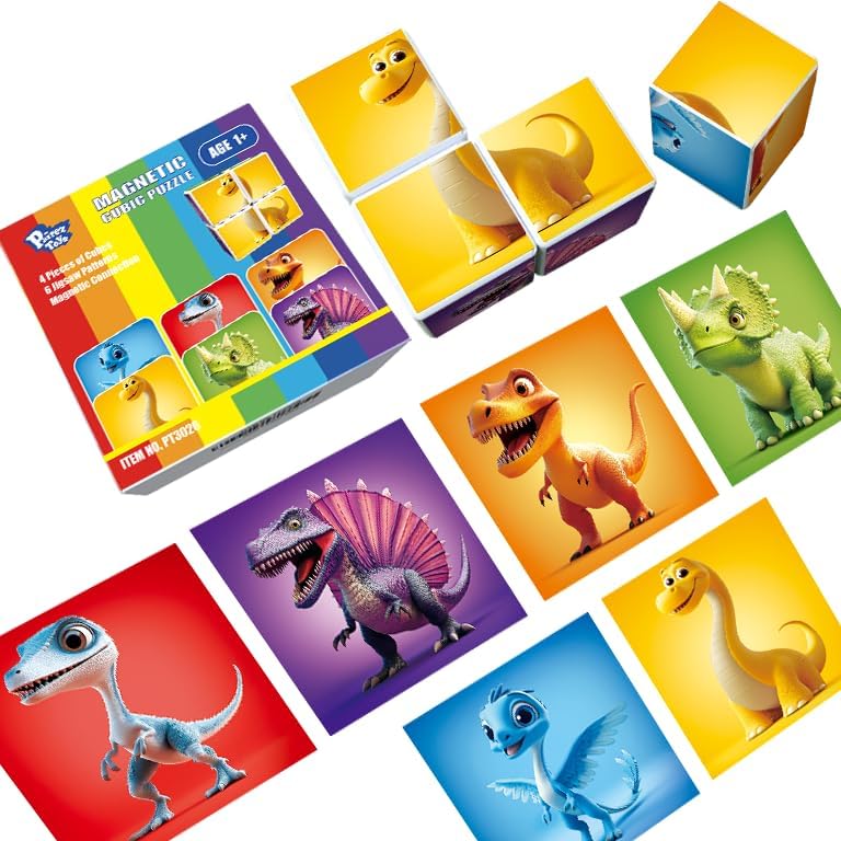 Pairez Toys Magnetic Blocks for Toddlers, Dinosaur Toys Puzzle Cubes for Kids, Sensory Toys for Kids Ages 1-3 Year Old Boys & Girls, 6 Dinosaur Building Ideas by PairezToys