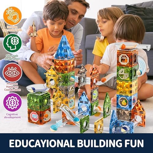 Glowing Magnetic Marble Run Set 142PCS, STEM Educational Magnet Building Toys, 4D Diamond Surface Light Magnetic Tracks, Creative Marble Maze Gift for Boys and Girls Ages 3-12 - Image 7
