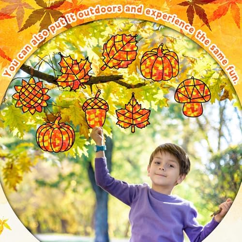 32 Sets Fall Thanksgiving Suncatchers Craft Kit DIY Window Stained Glass Effect Autumn Harvest Paper Crafts Home School Classroom Decoration Kid Birthday Gift Creative Art Project Activity Game - Image 6