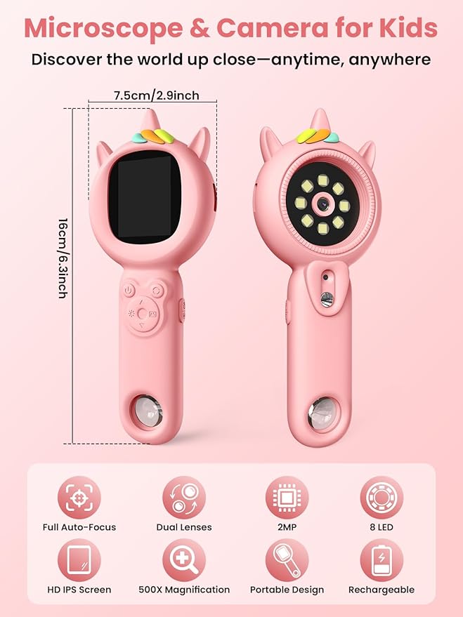 Microscope for Kids, Auto-Focus Handheld Digital Microscopes with 2.0" Screen, 8 LEDs Rechargeable Pocket Mini Microscope Christmas Gifts Educational Science Toys for Ages 5 6 7 8 9 10 11 12