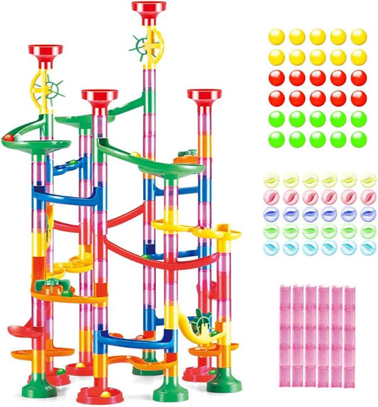 WEofferwhatYOUwant Marble Run Set – 169 Piece STEM Track Building Toy for Kids Ages 3+ with Glass & Color Marbles, Pink Connectors, Instruction Sheet | Creative Maze Tower Game for Learning & Fun