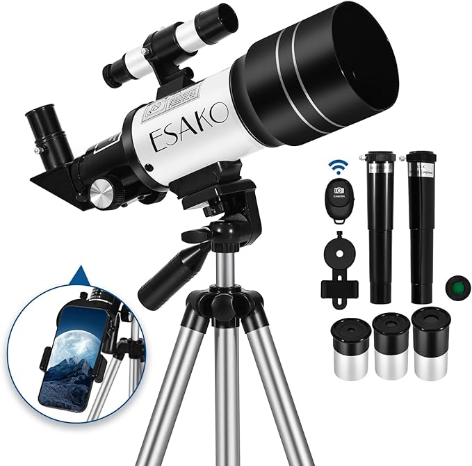 ESAKO Telescope for Kids & Beginners, 70mm Aperture Portable Telescopes with 3 Eyepieces, Height Adjustable Tripod & Phone Adapter & Remote Control Gift for Christmas