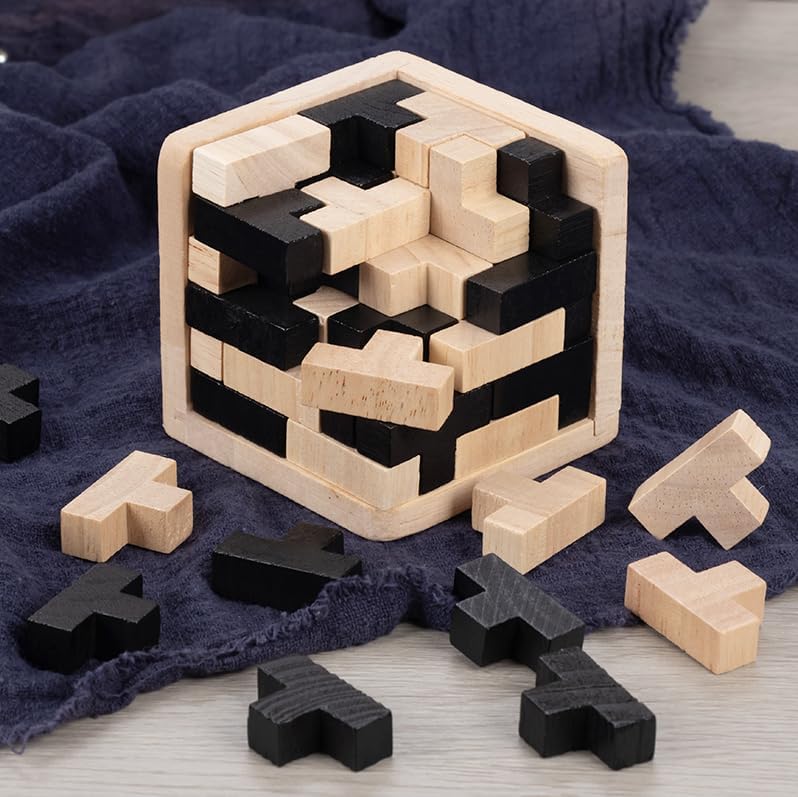Wooden Brain Teaser Puzzles Cube Stocking Stuffers Wooden Puzzles T-shaped Jigsaw Logic Puzzle Educational Games Toy for Kids and Adults by AHYUAN (Black and Natural) - Image 4