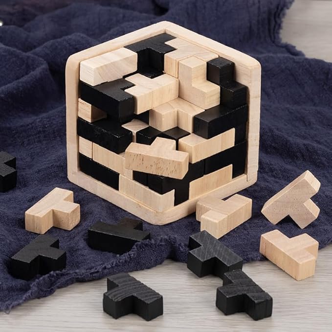 Wooden Brain Teaser Puzzles Cube Stocking Stuffers Wooden Puzzles T-Shaped Jigsaw Logic Puzzle Educational Games Toy for Kids and Adults by AHYUAN (Black and Natural)