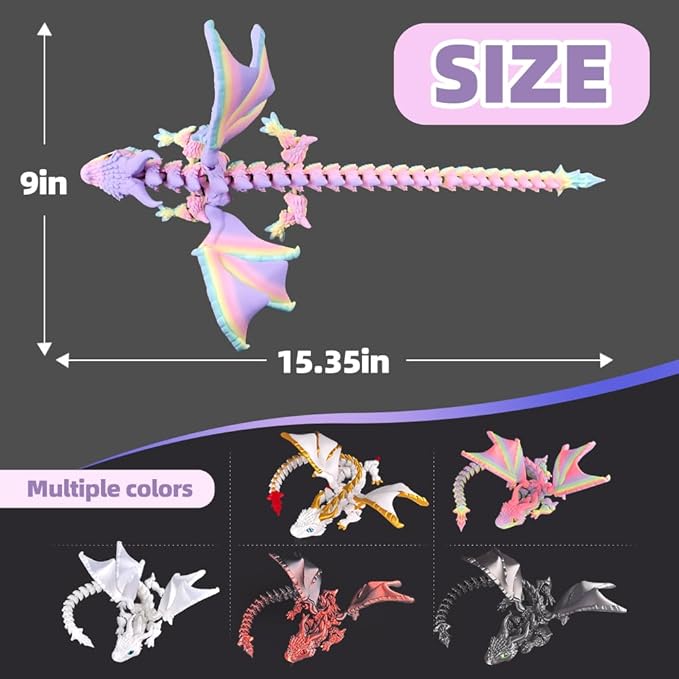 3D Printed Dragon with Wings,3D Printed Animals Toys, Fidget Dragon Toys, Flexible Articulated Winged Crystal Dragon Model,Desktop Pet Deco, Stocking Stuffers (Matte-Rainbow)