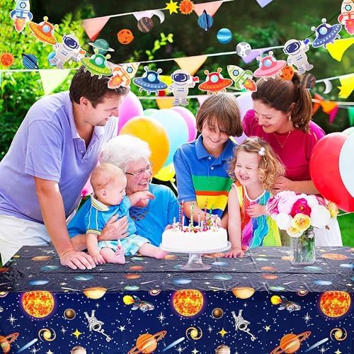 Outer Space Party Decorations - Space Theme Supplies with Happy Birthday Banner Solar System Tablecloth for Galaxy Party Decor (Tablecloth+Flag Banner) - Image 6