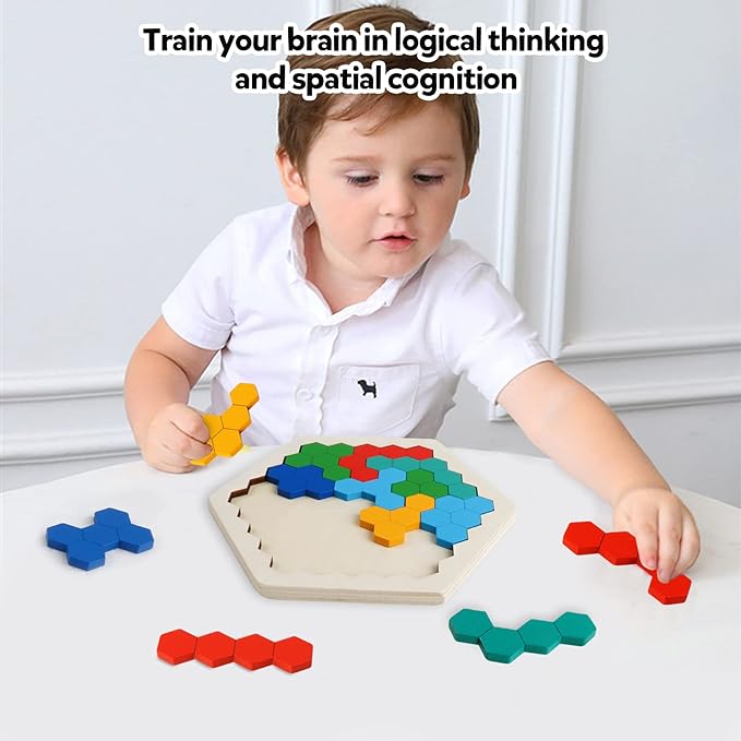 Skrtuan Wooden Blocks Puzzle for Kid Adults Brain Teaser Hexagon Puzzles Games Toy Shape Pattern Block Tangram Geometry Logic IQ STEM Montessori Educational Gift for Kids Boys Girls Challenge