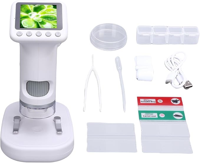 Kids Microscope Kit, 1600X Pocket Digital Handheld Microscope with 2in Screen, Portable Science Toy for Students Ages 6-12