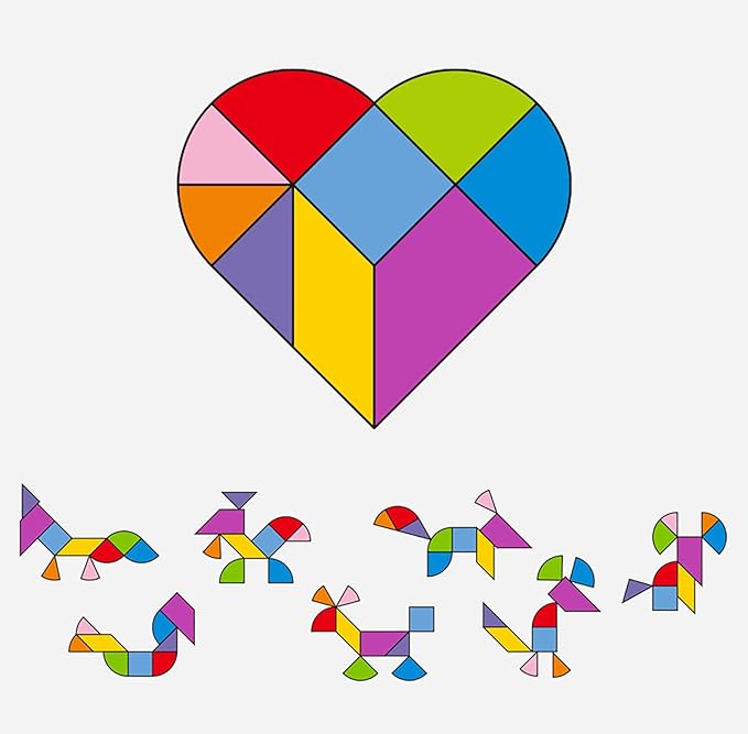 Wooden Blocks Puzzle Brain Teasers Toy 6 IN1Geometric Wooden Tangram Puzzle Game Geometry Jigsaw 3D Logic IQ Games STEM Montessori Educational Gift for Kids Adults
