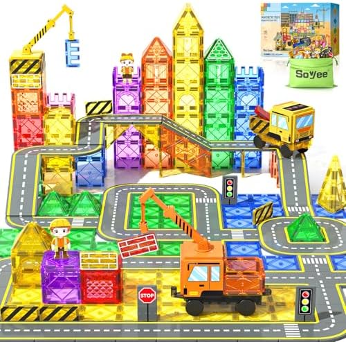 Soyee 102 PCS Magnetic Tiles with 2 Cars & 2 Cranes by Soyee