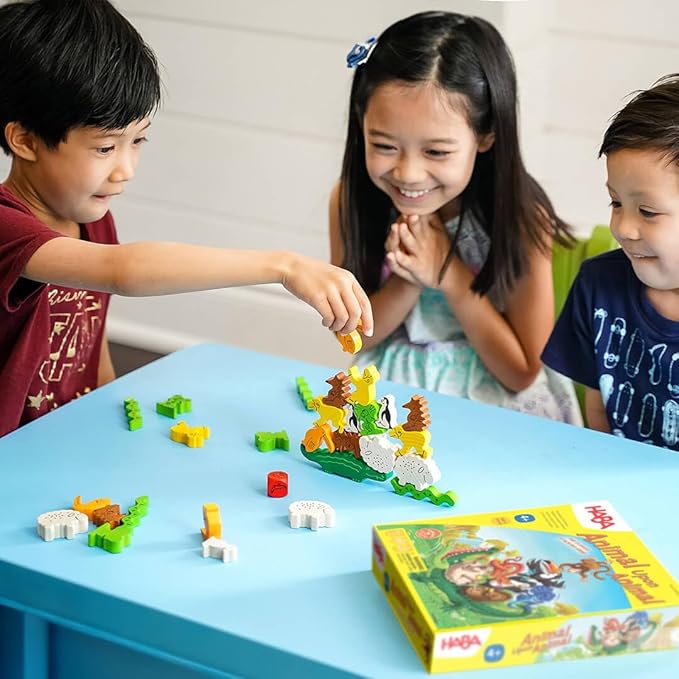 HABA Animal Upon Animal Game - Classic Wooden Tower Stack Game for Kids and Adults, STEM & Dexterity Party Activity for Ages 4+, Compact On The Go Edition