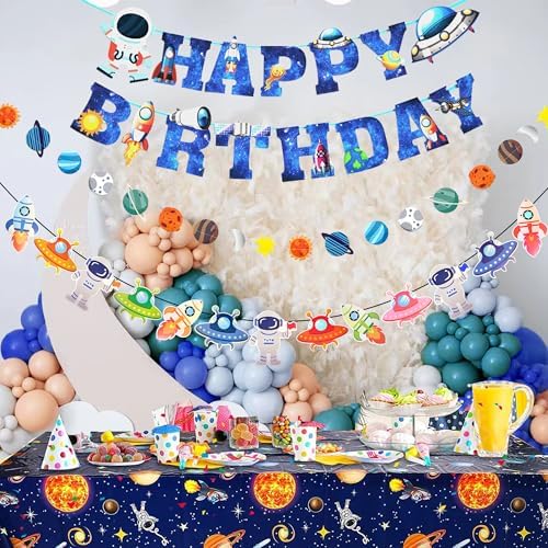 Outer Space Party Decorations - Space Theme Supplies with Happy Birthday Banner Solar System Tablecloth for Galaxy Party Decor (Tablecloth+Flag Banner) - Image 5