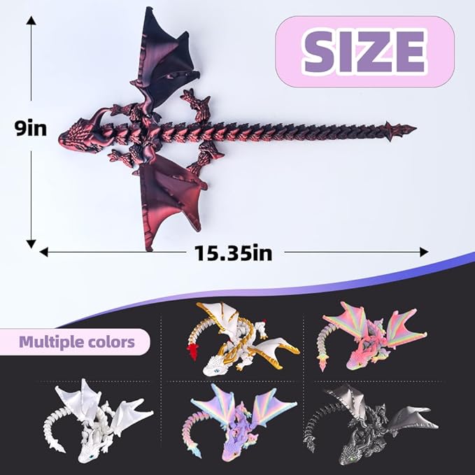 3D Printed Dragon with Wings,3D Printed Animals Toys, Fidget Dragon Toys, Flexible Articulated Winged Crystal Dragon Model,Desktop Pet Deco (Black-Red)