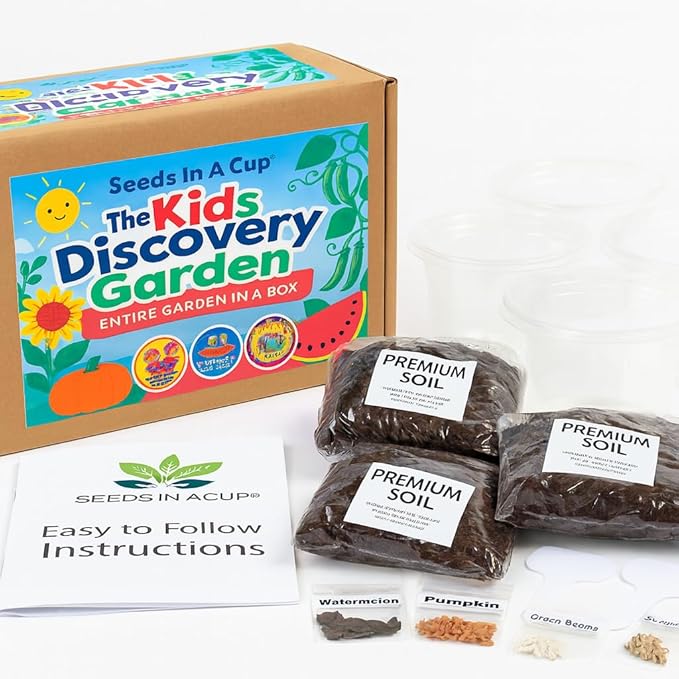 Kids Discovery Garden Kit, Complete Indoor Growing Set with 4 Planters, Premium Soil, Watermelon, Pumpkin, Sunflower & Green Bean Seeds, Educational Activity for Ages 4+