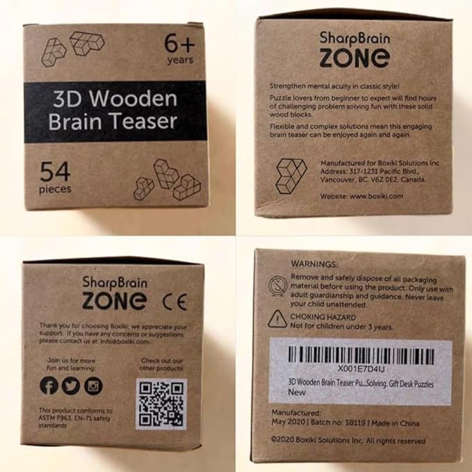 Original 3D Wooden Brain Teaser Puzzle - Stocking Stuffer 3D Puzzle for Kids 8+ & Adults, Desk Toy Delight, Challenging Game & Wooden Puzzle for Adult Brain Boost (Brown)
