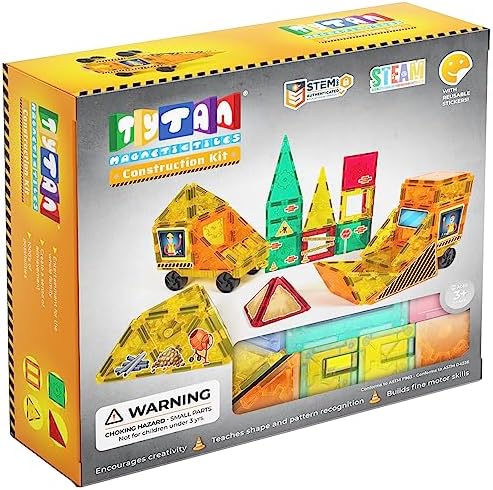 Tytan Tiles Construction Site & Trucks 60-Piece Magnetic Tiles Building Set, Fun Kids’ STEM Toy, Creative Play, Shape & Pattern Recognition, Fine Motor Skills, Includes Storage Bag, Ages 3 and Up by TytanToys