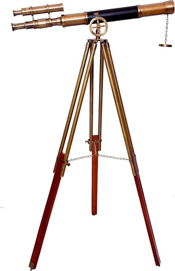 Leather Covered Brass Antique Telescope with Adjustable Wood/Brass Tripod Nautical Authentic High Magnification Manual Focus Adjust Maritime for Kids or Teenager Seniors