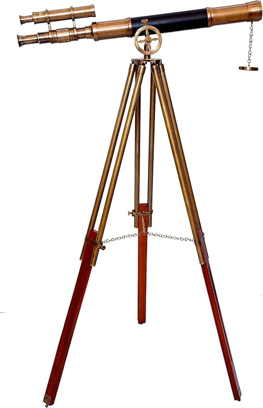 Leather Covered Brass Antique Telescope with Adjustable Wood/Brass Tripod Nautical Authentic High Magnification Manual Focus Adjust Maritime for Kids or Teenager Seniors