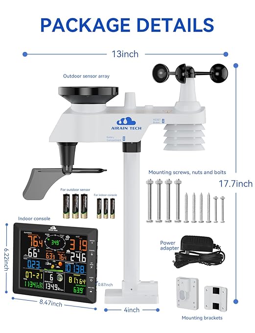 14-in-1 Wireless Weather Station with Outdoor Wireless Sensor,Radio-Controlled Clock,Rain Gauge,Wind Speed/Direction,Moon Phase,Wind Chill Index,Outdoor Dew Point,Barometer(NO WiFi)