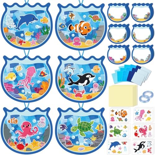 42PCS Summer Activities Crafts Bulk: Sea Animal Ocean Scene Paper Suncatchers, Under the Sea Party Fish Stickers DIY Kit School Classroom Decorations, Window Stained Glass Effect Art Supplies by Renbuzhu