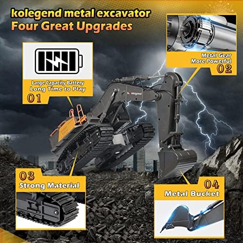 kolegend Remote Control Excavator Toy 1/14 Scale RC Excavator, 22 Channel Upgrade Full Functional Construction Vehicles Rechargeable RC Truck with Metal Shovel and Lights Sounds - Image 2