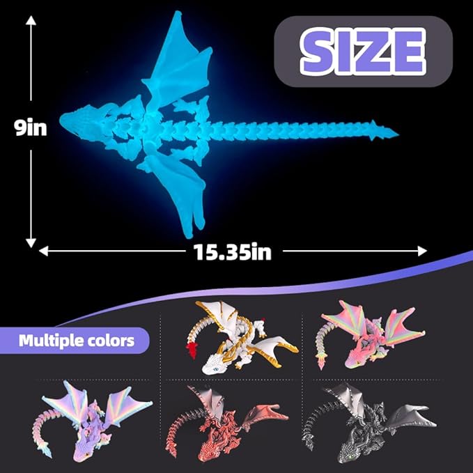 3D Printed Dragon with Wings,3D Printed Animals Toys, Fidget Dragon Toys, Flexible Articulated Winged Crystal Dragon Model,Desktop Pet Deco, Stocking Stuffers (Luminous-Blue)