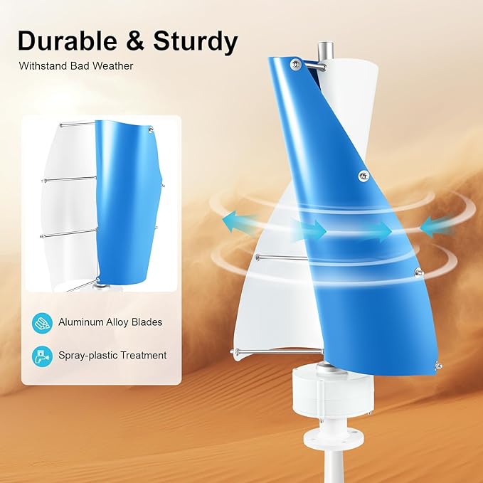 Bepritm Vertical Axis Wind Turbine, Wind Generator Kit with Controller & IP67 Protection, Ultra-Quiet Design for Home, RV, Business, Industrial Energy Supply (100W 12V White&Blue 2 Blades)