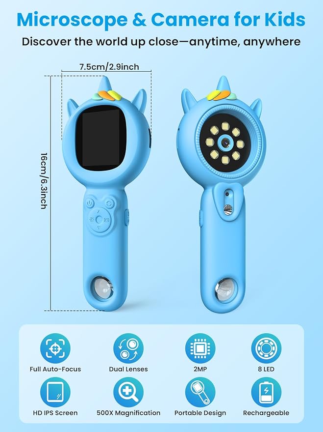 Microscope for Kids, Auto-Focus Handheld Digital Microscopes with 2.0" Screen, 8 LEDs Rechargeable Pocket Mini Microscope Christmas Gifts Educational Science Toys for Ages 5 6 7 8 9 10 11 12