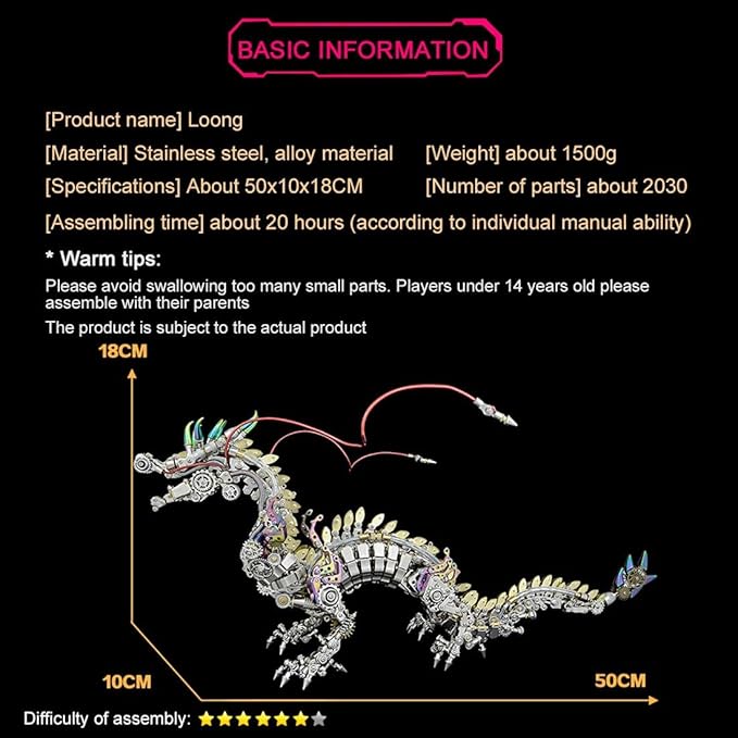 3D Metal Puzzle - Large Chinese Dragon Model Kit - Mechanical Metal Jigsaw- DIY Desk Ornament - Assembly Dinosaur Crafts Brain Teaser - Perfect for Adults