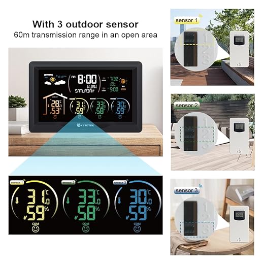 KETOTEK Wireless Radio Weather Station with 3 Outdoor Sensors Indoor Outdoor LCD Digital Thermometer Hygrometer Barometer with WWVB,Alarm Clock,Weather Forecast,Moon Phase,Sunrise and Sunset Time