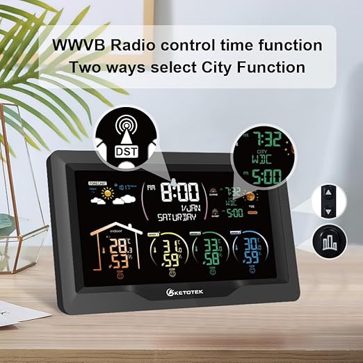 KETOTEK Wireless Radio Weather Station with 3 Outdoor Sensors Indoor Outdoor LCD Digital Thermometer Hygrometer Barometer with WWVB,Alarm Clock,Weather Forecast,Moon Phase,Sunrise and Sunset Time