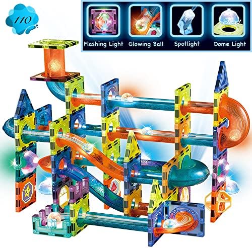 Glowing Magnetic Tiles Marble Run Race Track Super Set - 110 Complete Pieces Glow in The Dark STEM Light Magnetic Building Blocks Gravity Marble Maze Games for Toddlers Kids Boys Girls Ages 3+ Years by ExploreYourExquisiteGifts