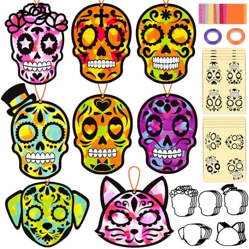 Renbuzhu 36PCS Dia De Los Muertos Crafts Bulk: Sugar Skull Paper Suncatchers DIY Kit for Day of The Dead Halloween Party Activities Decorations, Window Stained Glass Effect Art Supplies by Renbuzhu