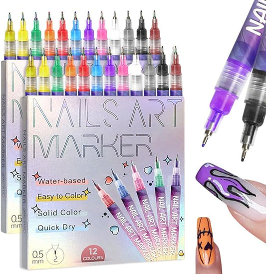 12 Colors Nail Art Pens Set, 2025 New Nail Art Markers Polish Pen for 3D Nail Art, Nail Art Tools for Dotting Drawing Painting Point Liner DIY (2 sets)