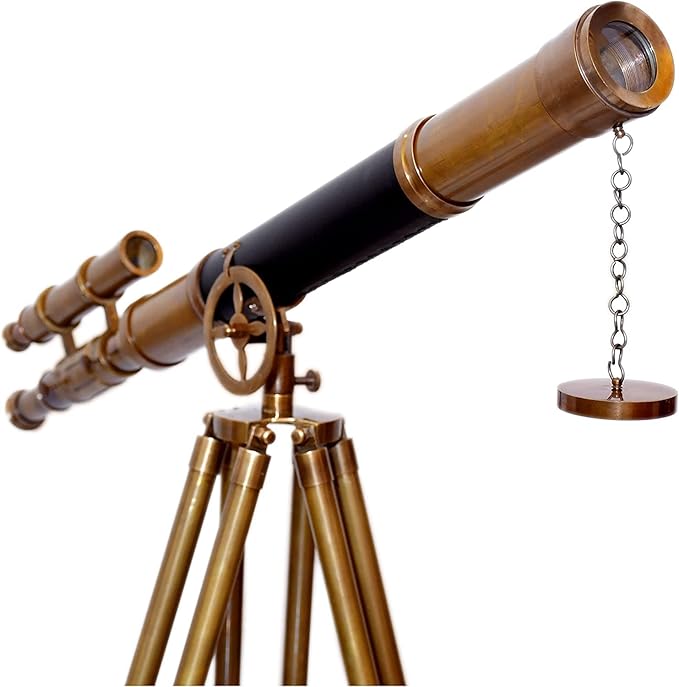 Leather Covered Brass Antique Telescope with Adjustable Wood/Brass Tripod Nautical Authentic High Magnification Manual Focus Adjust Maritime for Kids or Teenager Seniors