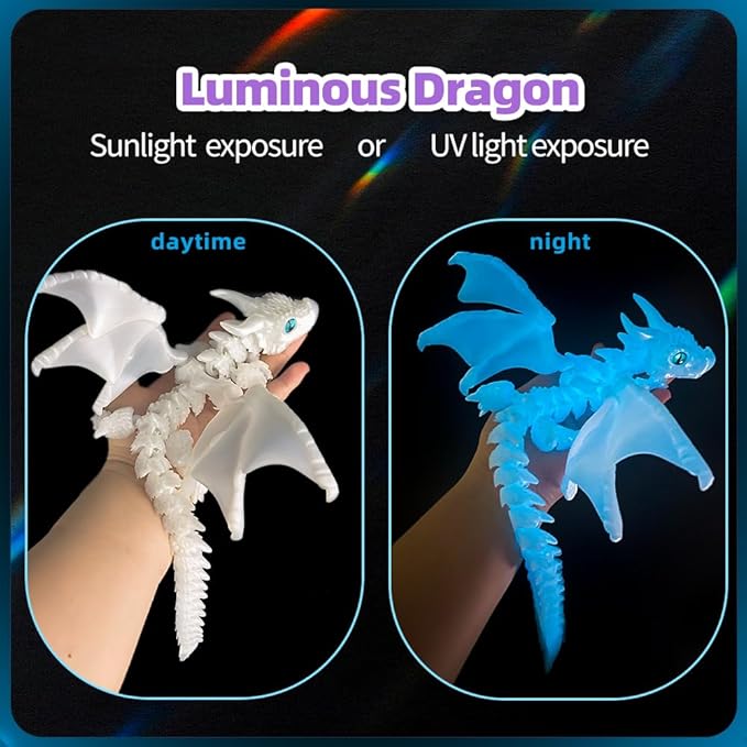 3D Printed Dragon with Wings,3D Printed Animals Toys, Fidget Dragon Toys, Flexible Articulated Winged Crystal Dragon Model,Desktop Pet Deco, Stocking Stuffers (Luminous-Blue)