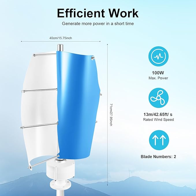 Bepritm Vertical Axis Wind Turbine, Wind Generator Kit with Controller & IP67 Protection, Ultra-Quiet Design for Home, RV, Business, Industrial Energy Supply (100W 12V White&Blue 2 Blades)