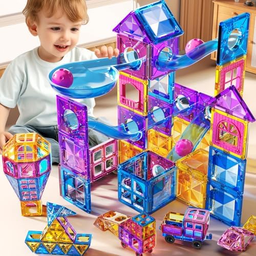 Magnetic Tiles Educational Toys, 50PCS Magnetic Blocks Building Set with Marbles Run for Kids Ages 4-8, Magnet Tiles STEM Learning & Sensory Toys for Girls Boys Perfect Preschool Toy for Toddlers 3-5 by Unknown