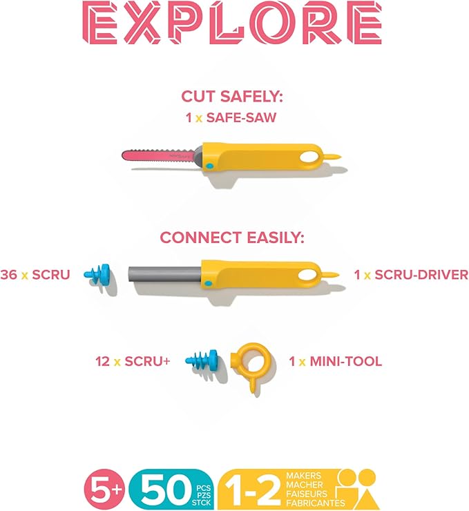 Makedo Explore | Upcycled Cardboard Construction Toolkit in Small Toolbox (50 Pieces) | STEM + STEAM Educational Toys for at Home Play + Classroom Learning | Reusable Tools for Boys and Girls Age 5+