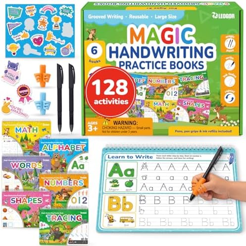 LEOGOR Magic Grooved Writing Practice for Kids - 6 Grooved Writing Books for Kids 3-5 & 6-8 - Disappearing Ink Handwriting Books - Traceable Letters Numbers for Preschool - Reusable Learning Activity by LEOGOR