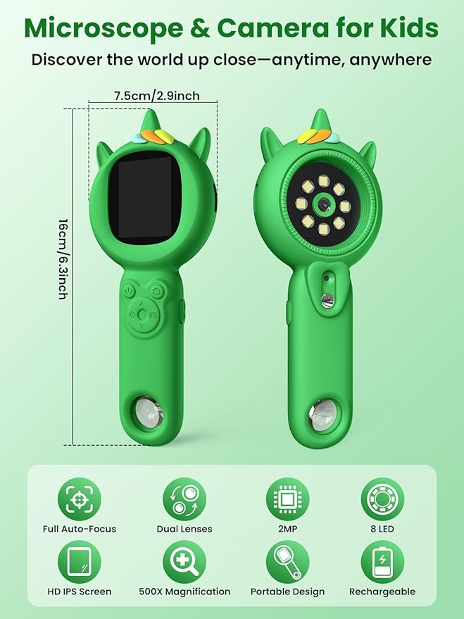 Microscope for Kids, Auto-Focus Handheld Digital Microscopes with 2.0" Screen, 8 LEDs Rechargeable Pocket Mini Microscope Christmas Gifts Educational Science Toys for Ages 5 6 7 8 9 10 11 12
