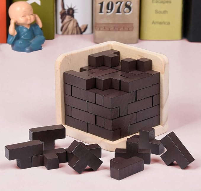 Wooden Brain Teaser Puzzles Cube Stocking Stuffers Wooden Puzzles T-Shaped Jigsaw Logic Puzzle Educational Games Toy for Kids and Adults by AHYUAN (Coffee)