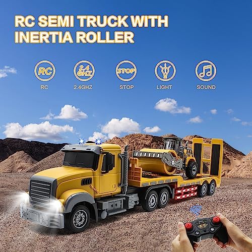Fistone RC Semi Truck with Trailer, 1:24 RC Semi-Trailer Engineering Tractor with Sound and Lights, 2.4Ghz Remote Control Flatbed Truck with Road Roller Toys, Construction Vehicles Toy for Boys - Image 2