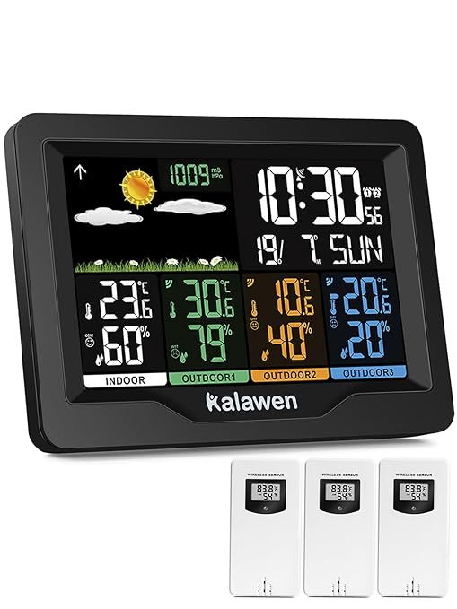 Kalawen Home Wireless Weather Station Multiple Sensors with Atomic Clock, Indoor/Outdoor Thermometer Wireless Humidity Barometer Monitor