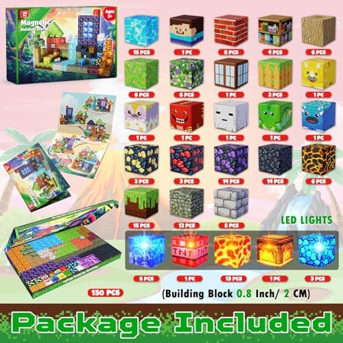 Magnetic Blocks - 150 PCS Dinosaur Volcano Forest Castle Set with Light Up Blocks - Kids Classroom Sensory Toy for Toddlers STEM, Construction Stacking Toy Kids 3+ Boys Easter Basket Stuffers - Image 2