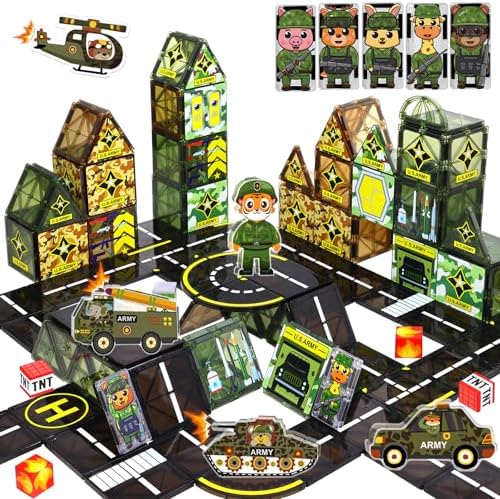 63Pcs Army Toys Magnetic Tiles Building Blocks Set with 5 Military Cars Men by Magbubp