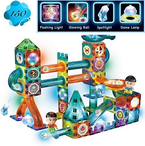 Glowing Magnetic Tiles Marble Run Race Track Super Set - 150 Complete Pieces Glow in The Dark STEM Magnetic Building Blocks Gravity Marble Maze Games for Toddlers Kids Boys Girls Ages 3+ Years by ExploreYourExquisiteGifts