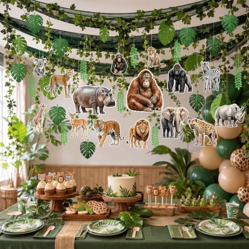 63 Pcs Back to School Jungle Safari Hanging Ceiling Decoration 24" x 13ft Green Banner Artificial Plant Vines Plant Leaf Garland Animal Cardboard Ornament with Rope for Class Party Decor - Image 5