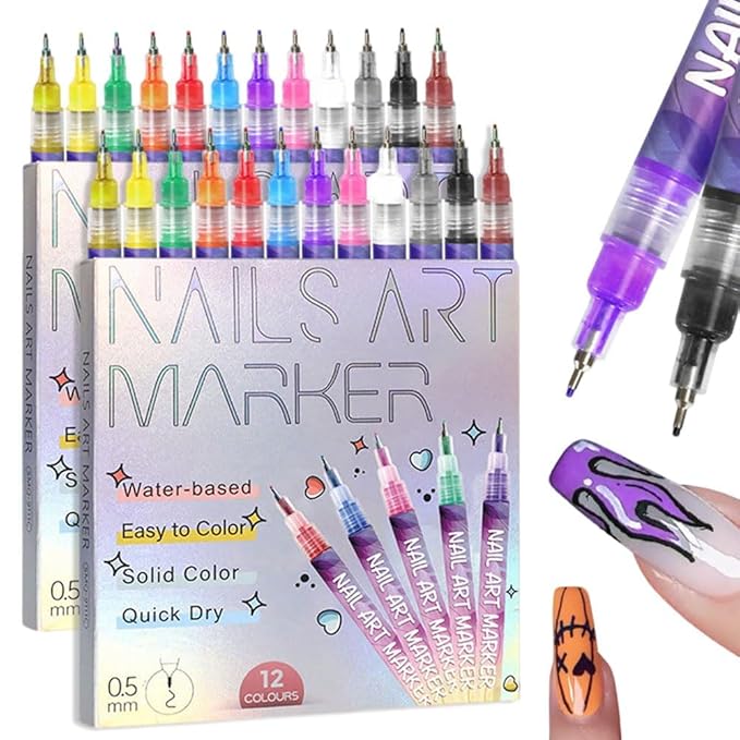 12 Colors Nail Art Pens Set, 2026 New 3D Nail Art Markers for Gel Nails, Polish Pen Nail Art Tools for Drawing Painting Dotting Point Liner DIY (2 Set)
